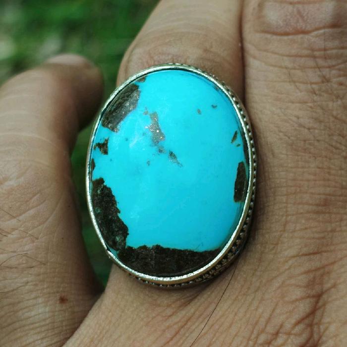 Batu Natural Pirus Persia Biru Cerah Atas Bawah Porselen Matrik Hitam Jumbo Dim-30 Ring Keren Gagah