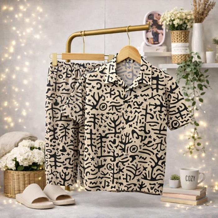 one set panjamas rayon anak usia 6-12 tahun tangan pendek unisex motive kaktus