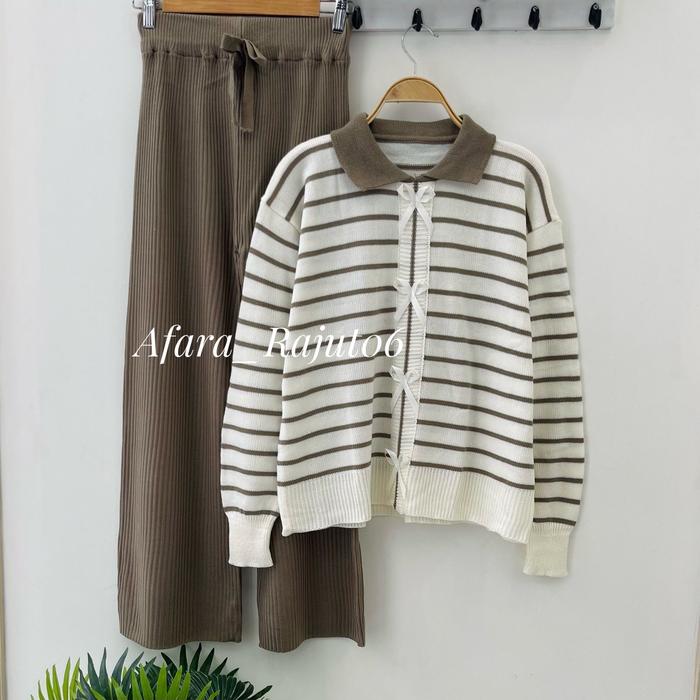 Oneset Abel Sweater Rajut Motif Pita Stripe Setelan Celana Kulot Wanita Premium Lengan Panjang Kekin