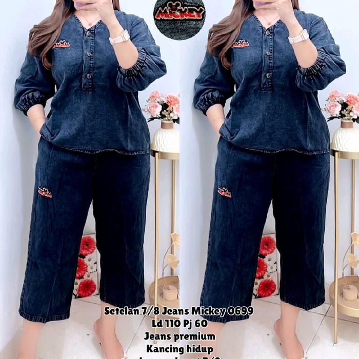 0699 SETELAN 7/8 JEANS MICKEY WANITA/SETELAN BAHAN JEANS WANITA/ONE SET LD 110