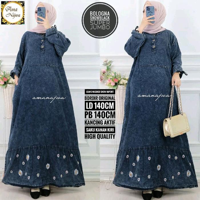 Snow black bologna LD 140 Gamis jeans tebal Dress SUPER JUMBO maxy / Amj