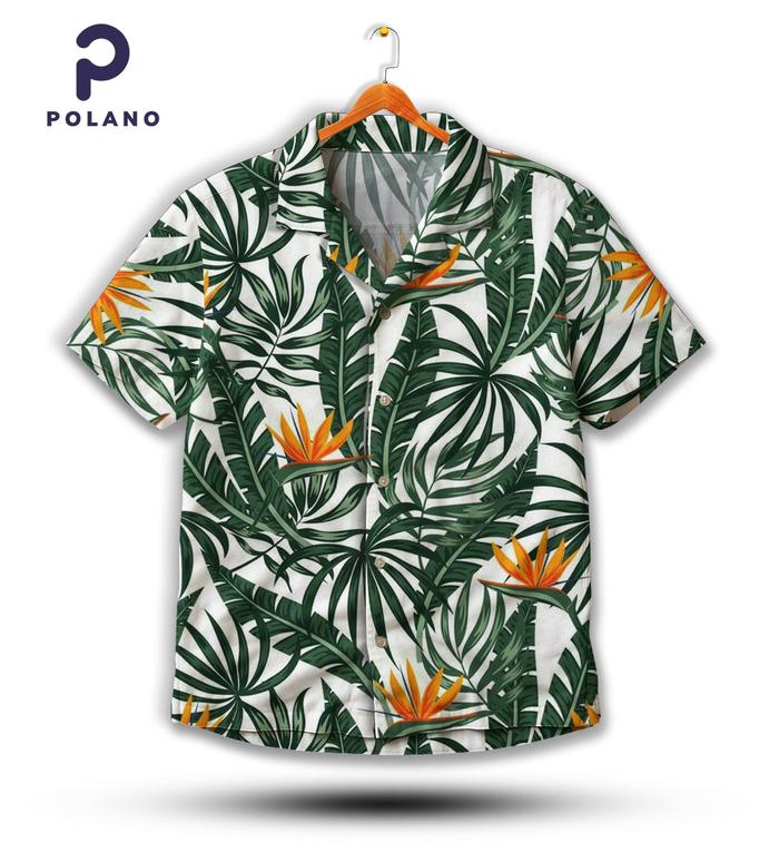 POLANO Kemeja Motif Daun Tropis Bunga Bird of Paradise Casual Unisex Aesthetic Printing Lengan Pende