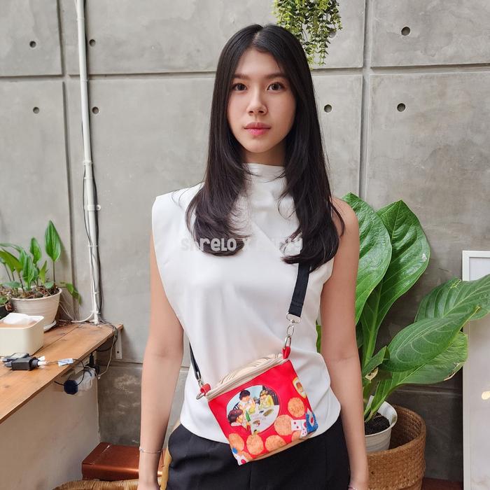 Tas Bahu Mini ONDE Rengginang Parodi Kaleng Biskuit Wanita Canvas Kanvas Selempang