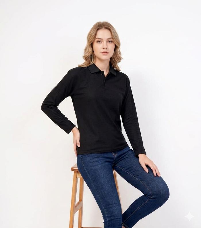Kaos Kerah Panjang Wanita warna HITAM / Kaos Kerah polos Lengan Panjang Perempuan