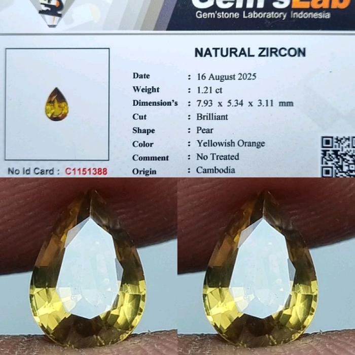 NATURAL BATU ZIRCON YELLOWISH ORANGE CAMBODIA MEMO GLI LAB