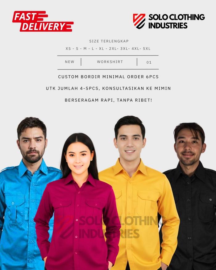 Kemeja Seragam Pria Wanita Warna Biru Turkish, Burgundy/ Bergendi, Kuning Terang, Hitam, untuk Komun