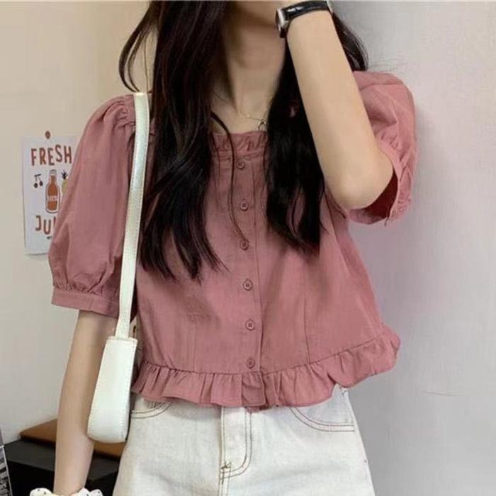 Ready- ROSELLA Collar Atasan Pendek Longgar Lengan Puff Lengan Kemeja Short Blouse SMLXl Putih Pink 