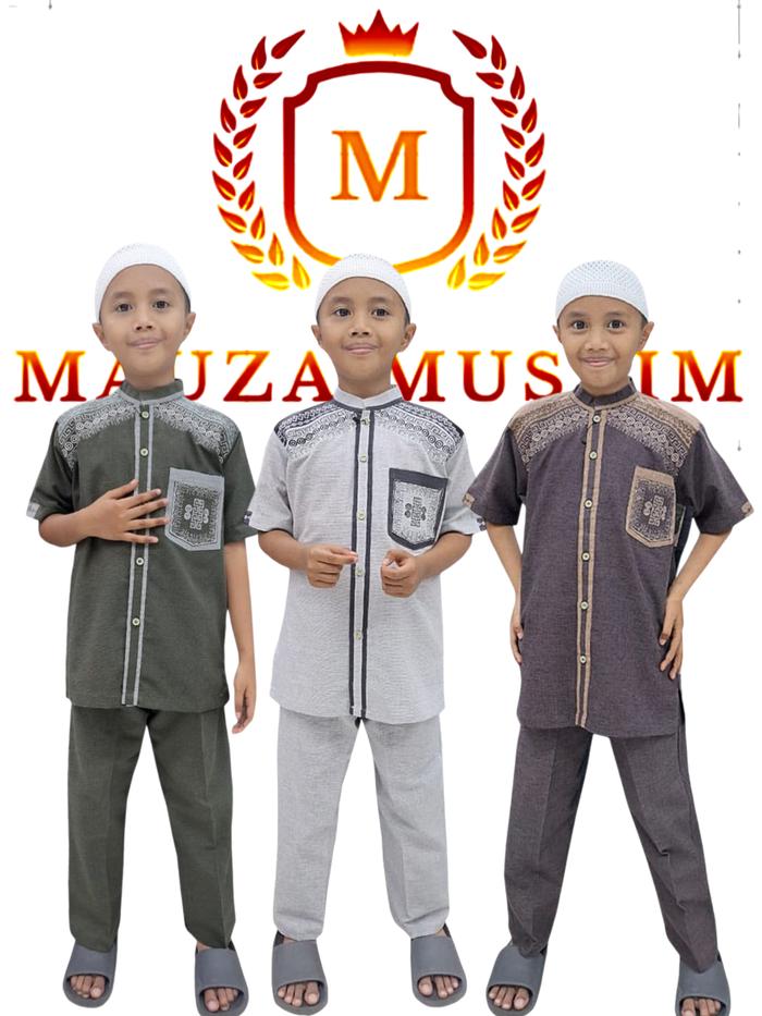 MAUZA MUSLIM Baju Setelan Celana koko Anak Laki Laki Lengan Pendek Bahan Katun Cordova Motif Bordir