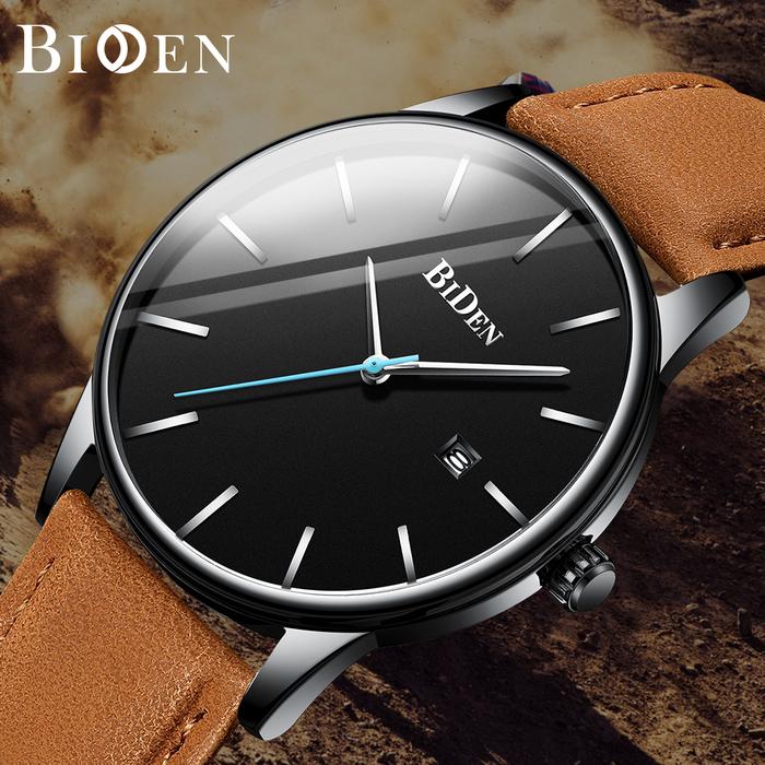 BIDEN Jam Tangan Pria Anti Air Santai Olahraga Kuarsa Jam Tali Kulit Otomatis Date Original YN0169
