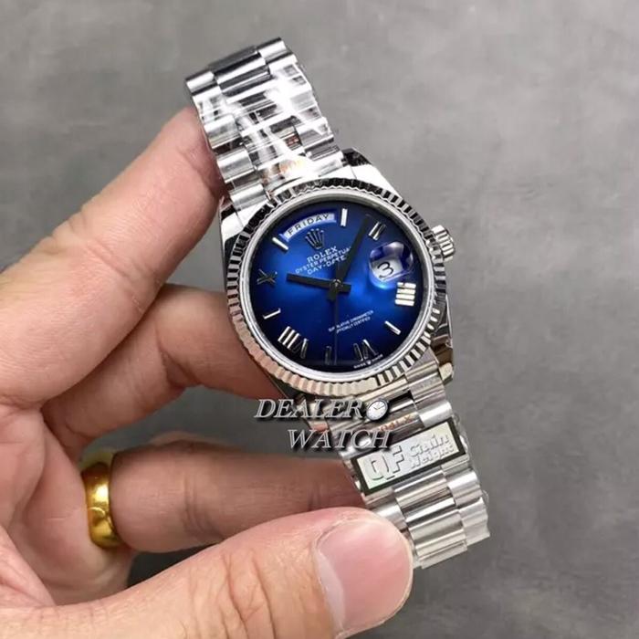 QF Factory V5 RolexDay-Date Blue Plate Roman Dial White Gold 36mm 128236