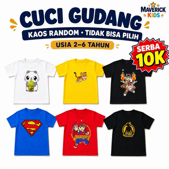 MAVERICK KIDS CUCI GUDANG Kaos Anak Cowok Cewe Serba 10 Ribuan Motif Karakter Random Usia 1–7 Tahun