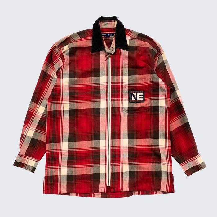 Red White Classic Plaid Vintage Nautica Expedition Corduroy Collar Zipper Flannel Jacket - Unisex - 