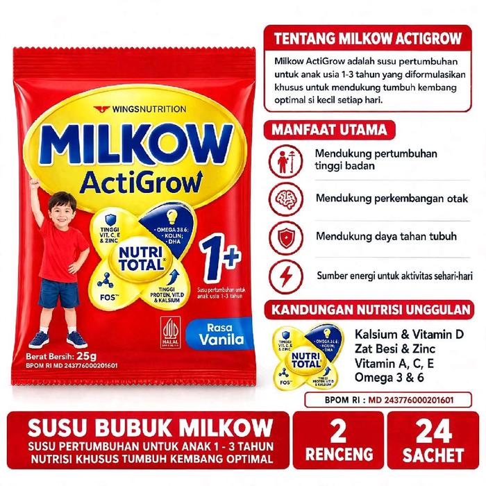 2 renteng WingsNautrition Milkow ActiGrow Susu Bubuk Pertumbuhan Anak 1-3 Tahun Rasa Vanila dan madu
