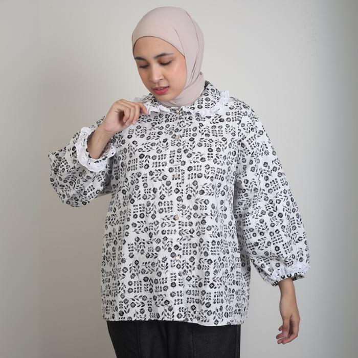 Eclemix Top Sitra | Atasan Wanita Kemeja Motif Kerah Peterpan Vintage | Kemeja Lengan Panjang Pasti 