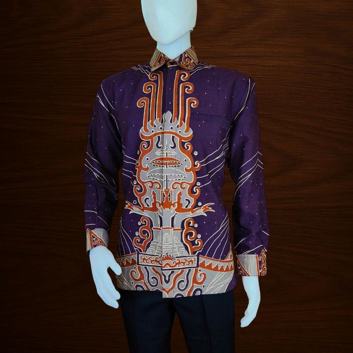 atasan kemeja pria motif batik lampung lengan panjang bahan katun prissima berlapis furing