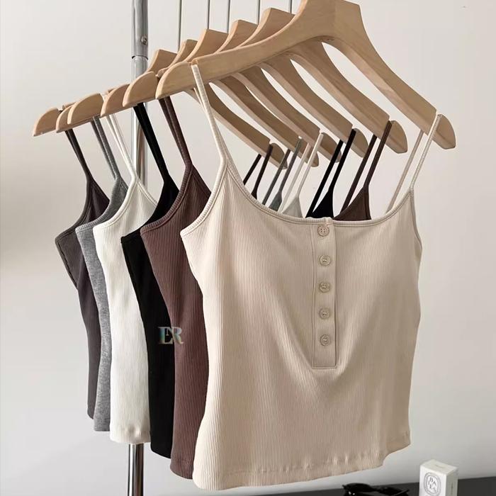 ◤Top◢ Tanktop Dengan Cup / Pad Bra Dalaman Untuk Wanita Remaja Dewasa Tank Top Tali Kecil Spaghetti 