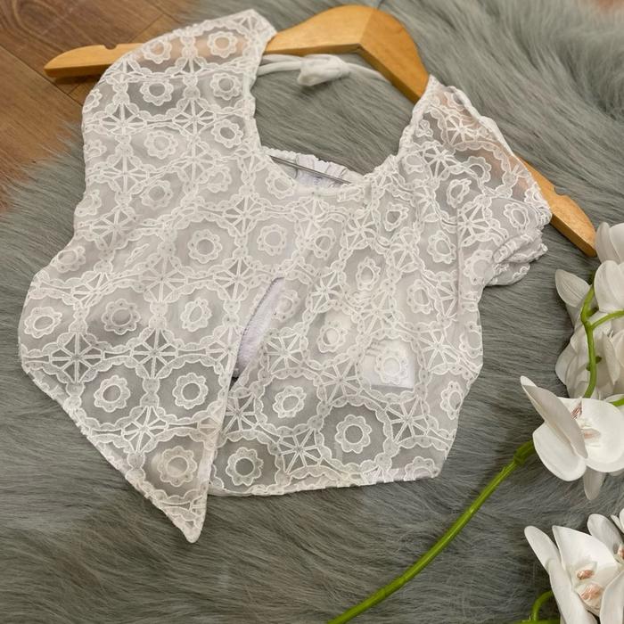 Bolero Crop Top Renda Putih Korea cover bikini | Outer Brokat Lace Eyelet Wanita Kekinian Kondangan