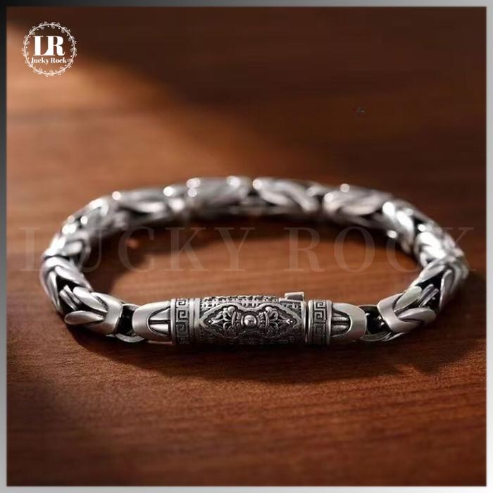 LR-1152 Gelang Pria Perak Thailand, Gelang Perak Ukiran Vajra Gaya Tiongkok, Anti Karat & Tidak Puda