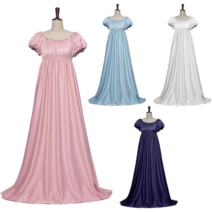 Women Daphne Basset Regency Gown Film Jane Austen Style High Waistline Ruffled Puff Sleeve Evening P