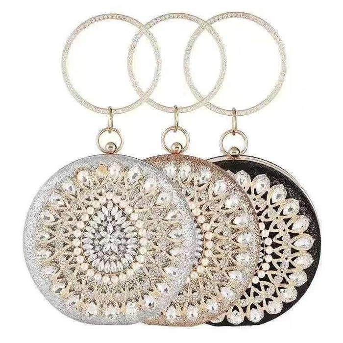 BJ212101 - BLACK/GOLD/SILVER - TAS PESTA CLUTCH MODEL LINGKARAN BULAT TALI RANTAI FASHION MODIS DOMP