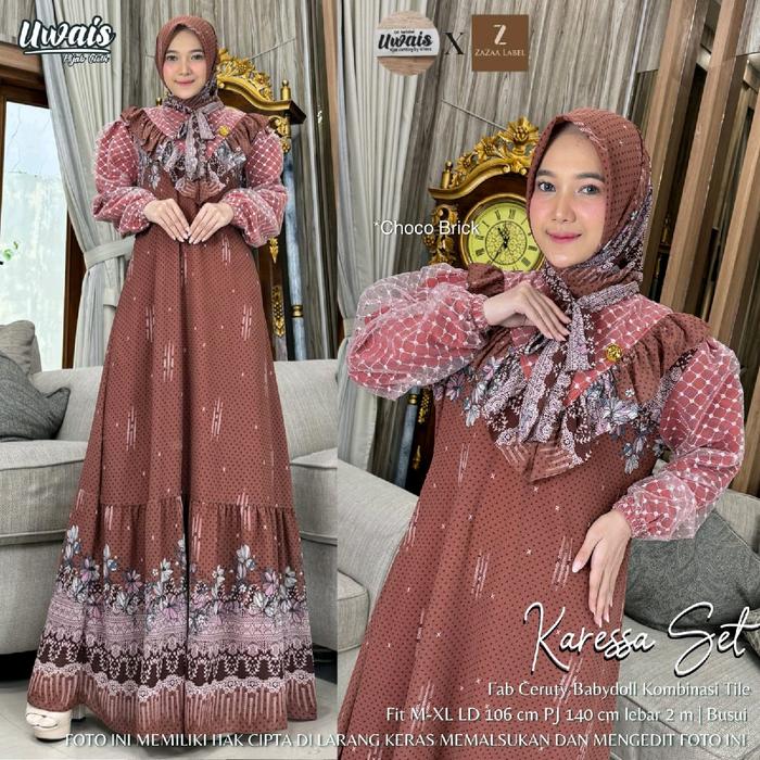 karessa  set dress & jilbab best seller bahan cerutty babydoll ld 112 pb 140 lebar bawah 2,5meter ka