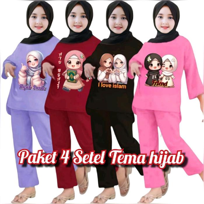 paket 4 pics 100K tunik anak tema hijab size motif rendom Note Nyaman Muslim Setelan Kerudung Baju