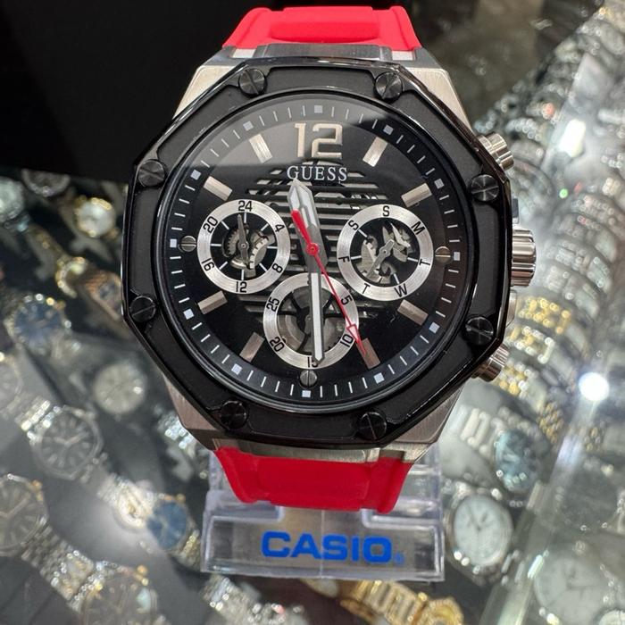 Guess Jam Tangan Pria GW026363 Original Hitam Merah Dial Sunray Case Polycarbonate Tali Silicone Mul