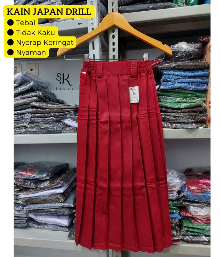 Rok Panjang Sekolah Sd/ Mi Model Ra (Full Rempel/Lipit Atas) Kain Drill Japan Warna Merah Coklat Hij