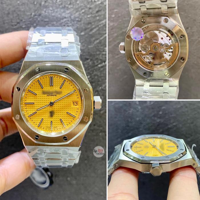 JAM TANGAN AUPIGE ROYAL OAK JUMBO INSPIRED YELLOW WAFFLE DIAL 39MM 162 02 SILVER CHAIN EXTRA THIN ZF