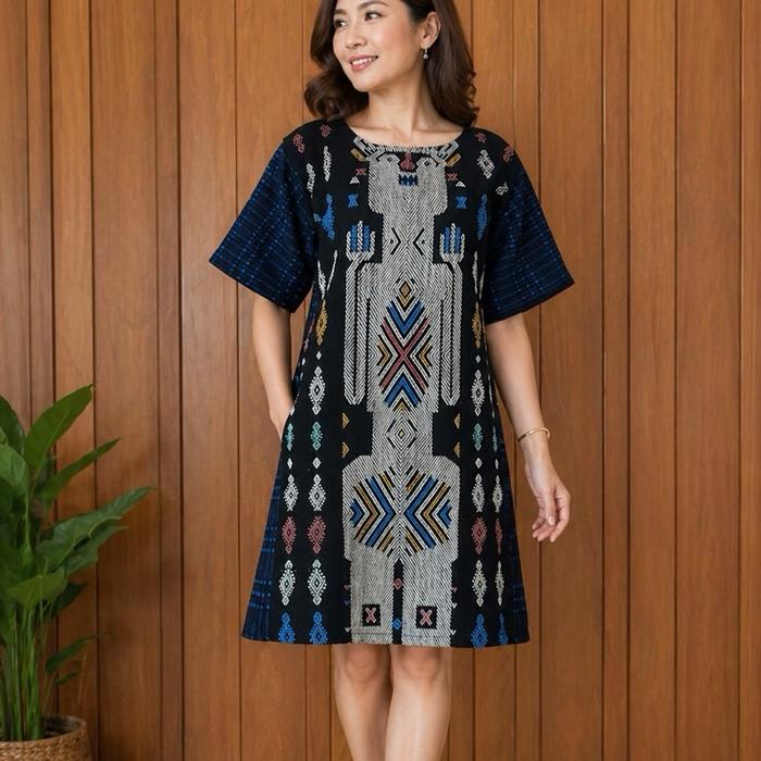 Dress Tenun Sumba Pahikung Mix Tenun Baduy Biru Tua- One n Only