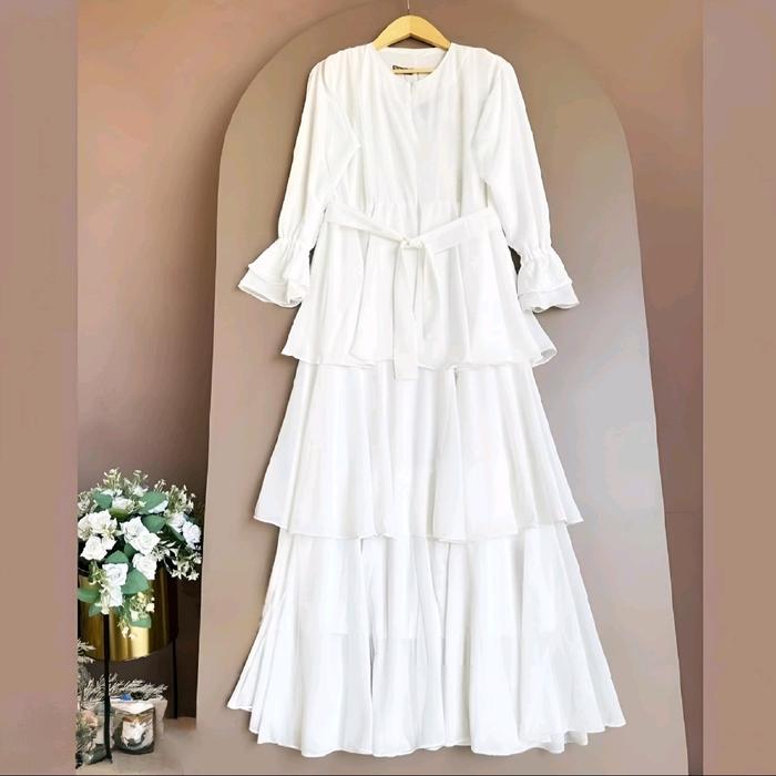 Dress Putih muslimah Arbia Dress Gamis Polos Susun 3 Wanita Remaja Muslim Bahan Kain Ceruty Babydoll