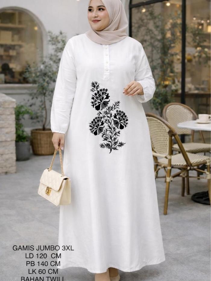 Gamis Putih Jumbo Ld 120 Cm Model Bordir Kekinian - Mahira Dress