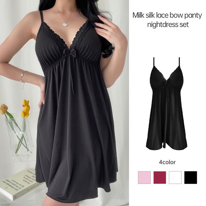 Set Baju Tidur Dalaman Pita Renda Seksi dengan Tali Bahu, Baju Tidur Tipis dari Sutra Susu untuk Wan