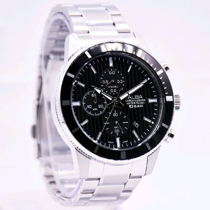 ALBA Jam Tangan Pria Chronograph Water Resist 10 Bar Tali Stainless Steel Hitam Elegan