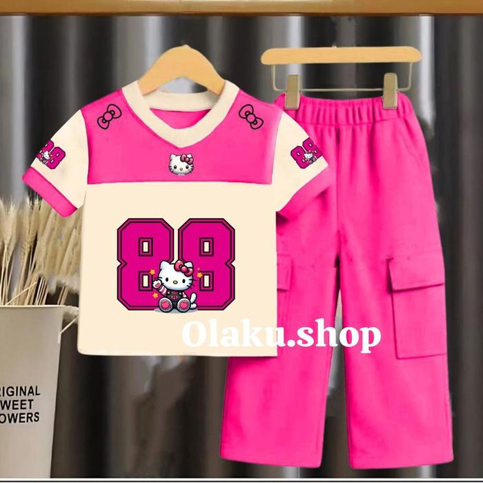 Setelan Anak Perempuan Baju Jersey BassBall Celana Cargo Panjang Baju Lengan Pendek Usia 3-12 Tahun 