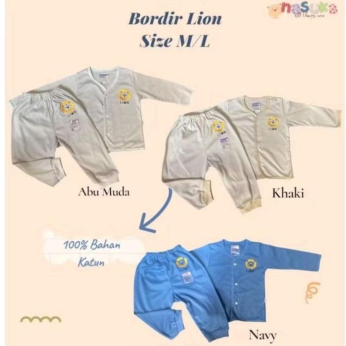 Nasuka Baby ISI 3pcs Setelan Baju Panjang M&L Bordir Lion Stelan Bayi Baru Lahir Baju Lengan Panjang