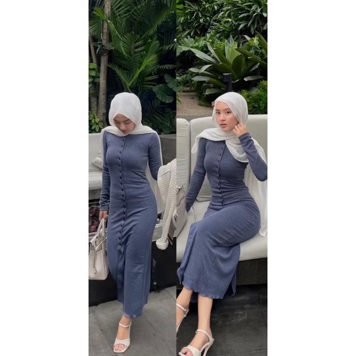 DRESS KNIT FULL KANCING KNIT RIB PREMIUM / KOREAN DRESS LENGAN PANJANG BASIC DRESS BODYCON - MOUVE, 