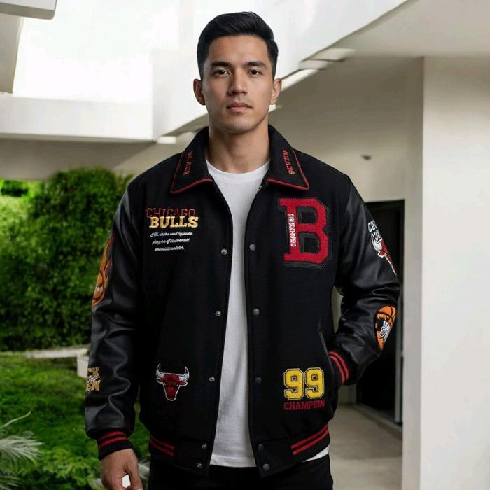 Varsity Jacket Blackseven Red Bulls -  Jaket Baseball Fleece Leather Pria Wanita