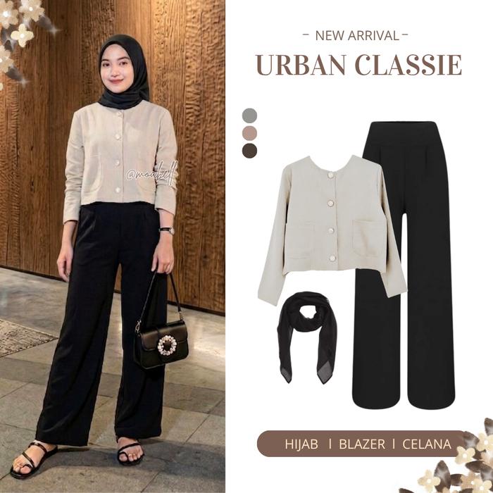 Urban Classy One Set Premium (Blazer + Celana Kulot + Hijab Segiempat) Setelan Wanita Kekinian Atasa