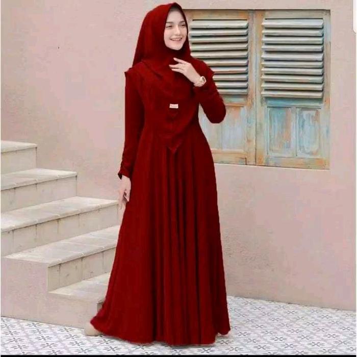 Mayra -  FREE HIJAB Gamis syari 2 layer S M L XL 2XL 3XL jumbo muslim wanita warna merah red maroon 