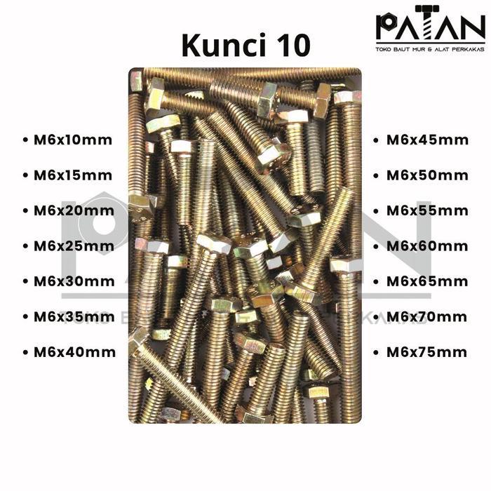 Baut dan Mur Besi M6 Kuning Kunci 10 Drat Pitch 1.00 -Baut siku-Baut