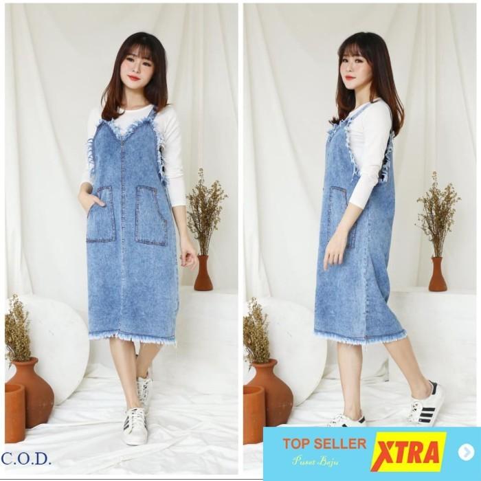 Baju Rok Overall Rumbai snow RO Rok Wanita jeans washed snowblue Kekinian@@ Fit Pendek Panjang Rawis