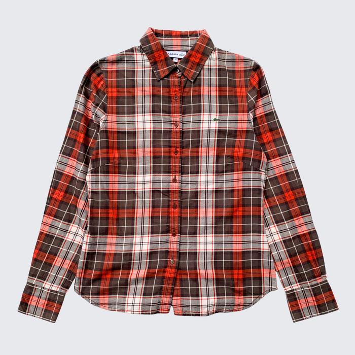 Brown Orange Plaid 2000s Lacos Small Logo Longsleeve Shirt - Unisex - S