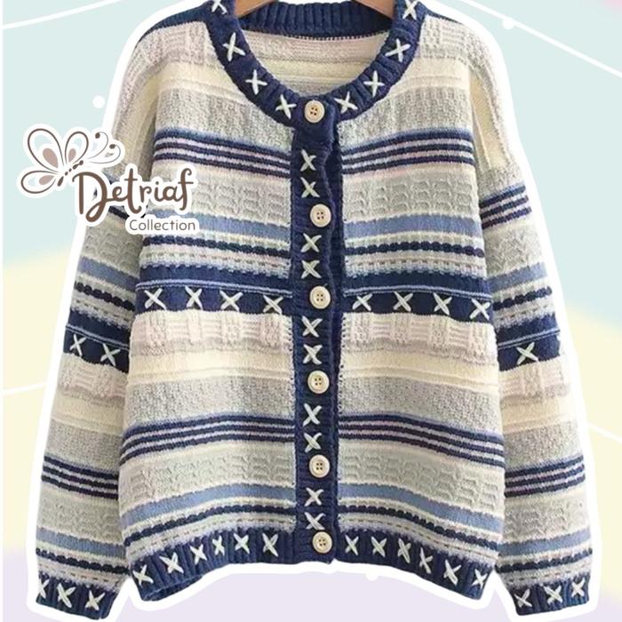 DETRIAF Cardigan Rajut Motif Stripe Biru Sweater Stripe Wanita Cardigan Premium Renjun NCT