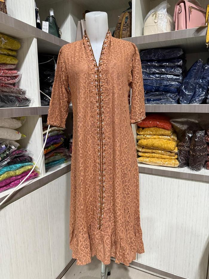 Dress Brokat Semi Prancis Model Kartini Rimpel Bahan Lembut Nyaman Payet Cantik Warna Senada