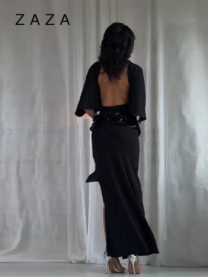 Zaza Elegant Party Long Dress For Women Shinny Waistband i Robes Backless High Neck Vestidos 2025 Ne