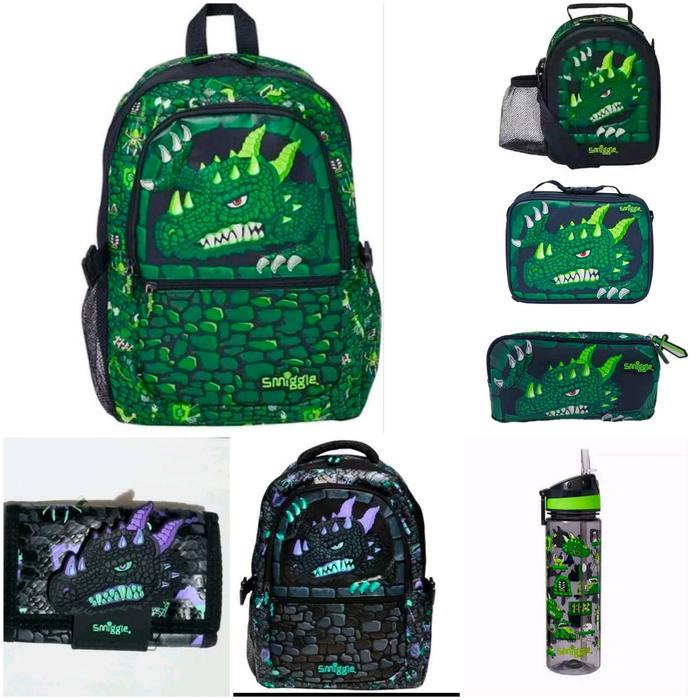 Smiggle Backpack Dragon Dino Backpack, Lunch bag, Botol, Pencil case