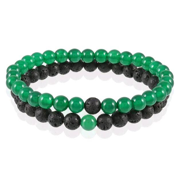 Gelang Batu Alam Hijau Giok 2pcs Keren Green Jade Giok Black Stone Bracelet untuk Pria Wanita Pasang