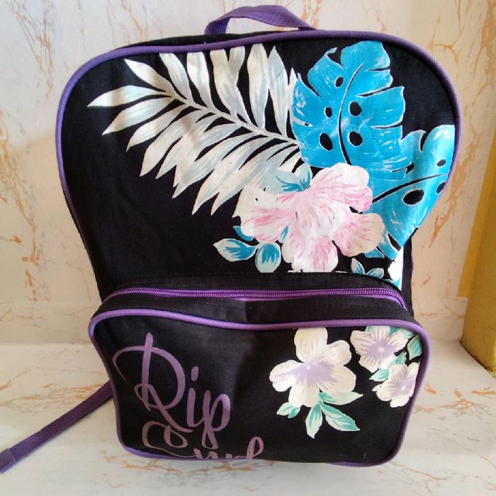 Ripcurl Tas Ransel Sekolah untuk Wanita dan Pria dengan Desain Daun dan Bunga Motif Purple dan Biru 