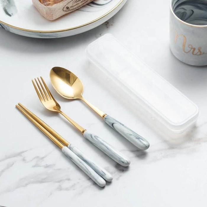 {BG} Set Sendok Garpu Sumpit Alat Makan Set Travel Set Marble Korea Gold